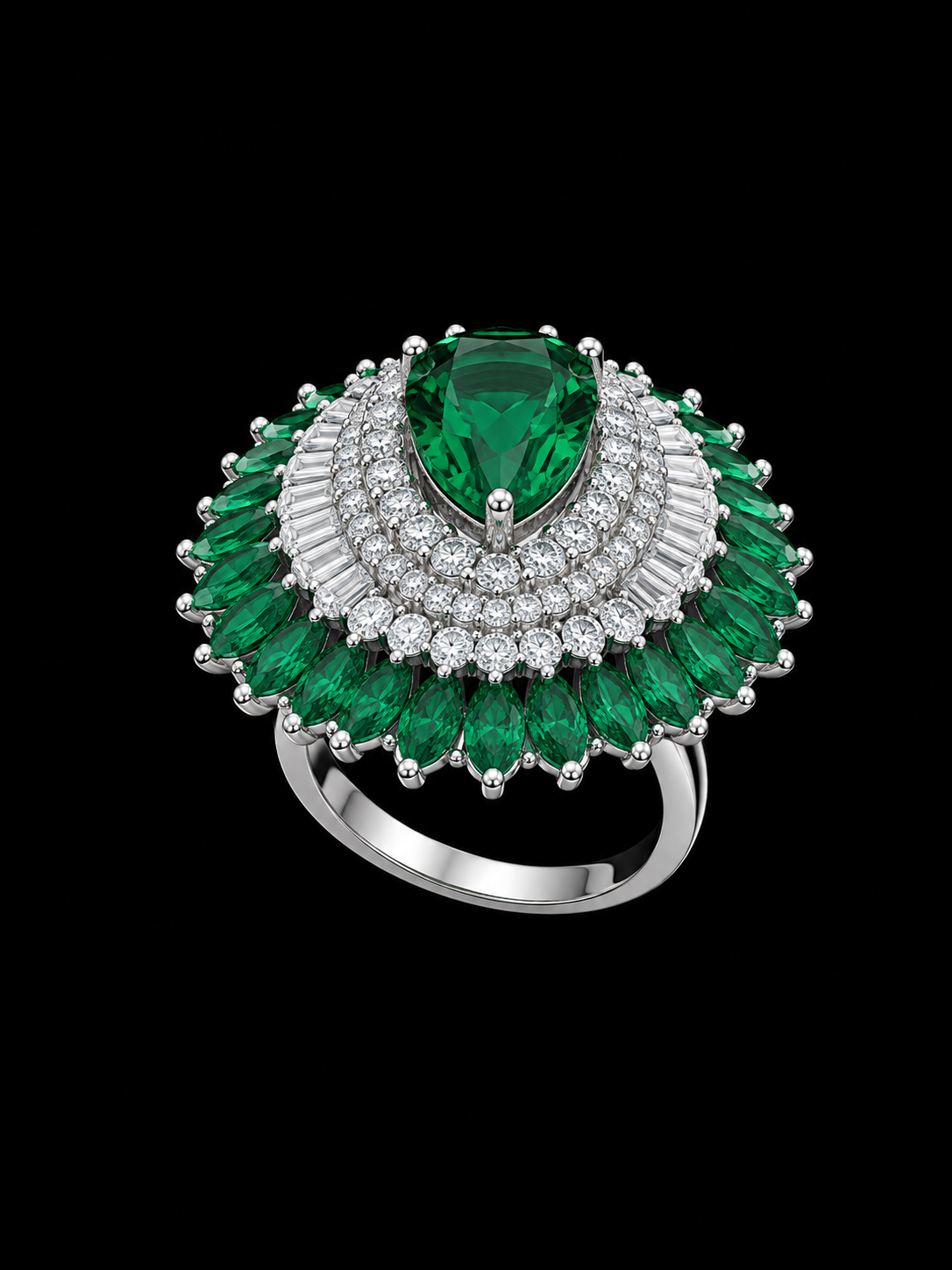 A silver ring with an emerald stone and CZ stones, set in a floral design.