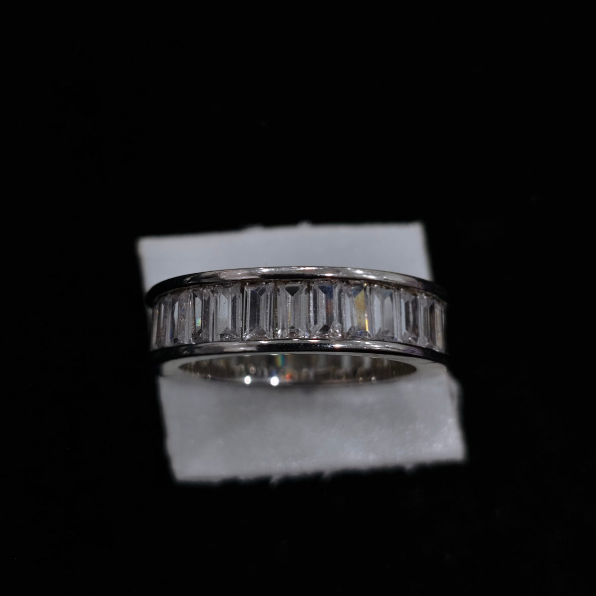 A silver ring with a band of clear CZ stones.