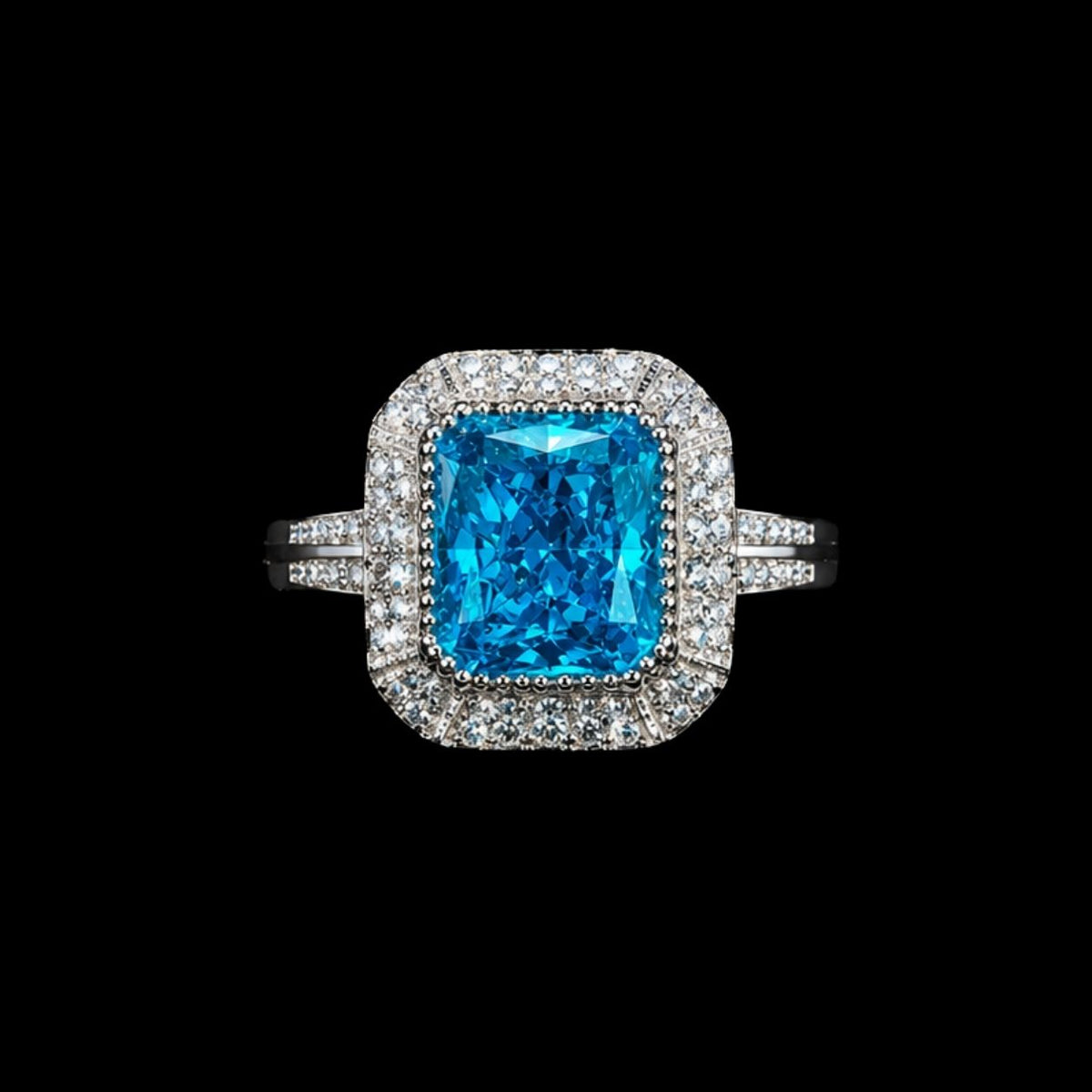 A silver ring with a large blue gemstone and smaller clear gemstones