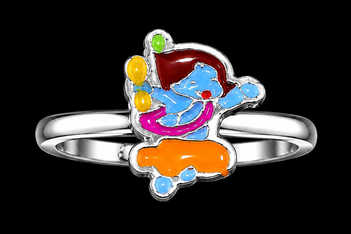 A silver ring with a Smurf design and CZ stones.