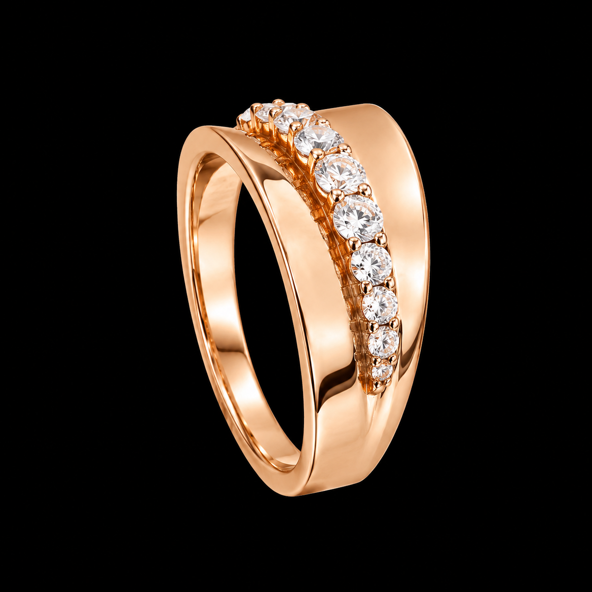 A gold-tone ring with a row of clear cubic zirconia stones set in a prong setting.