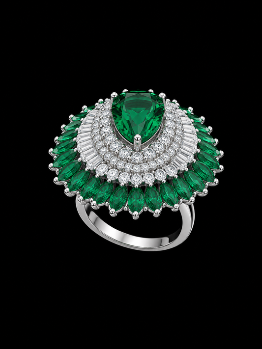 A silver ring with an emerald stone and CZ stones, set in a floral design.