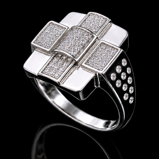 A silver ring with a cross design and clear cubic zirconia stones.