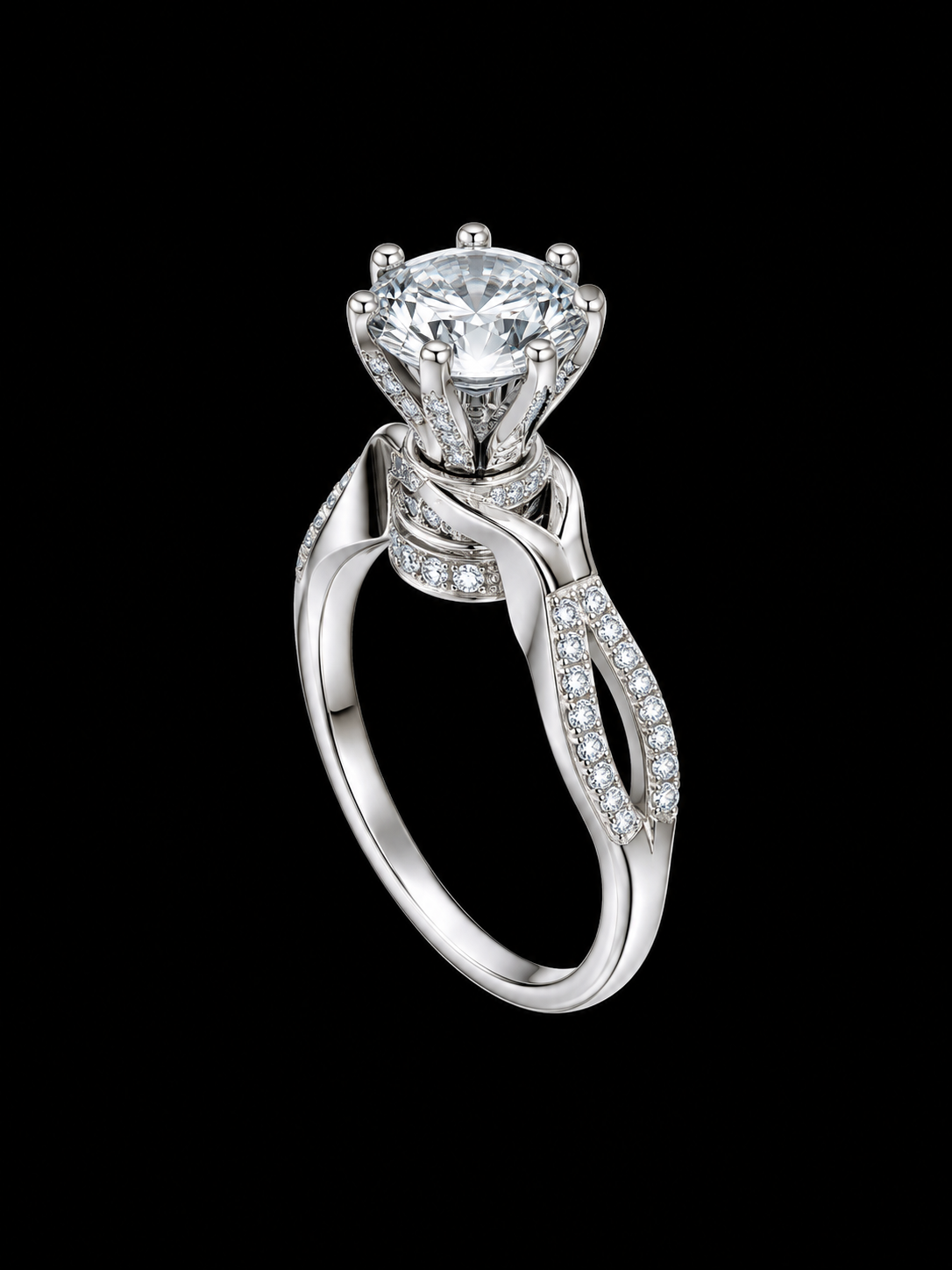 A silver-tone ring with a large, round-cut clear cubic zirconia stone and smaller stones on the band.