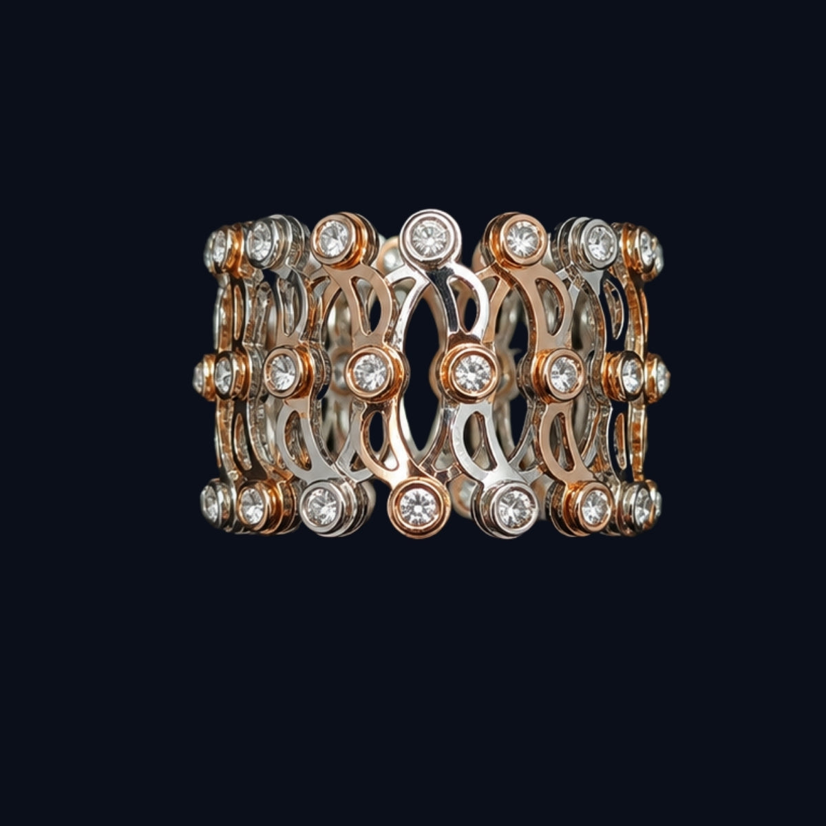 A ring featuring interconnected circles with CZ stones in silver and gold-tone metal.