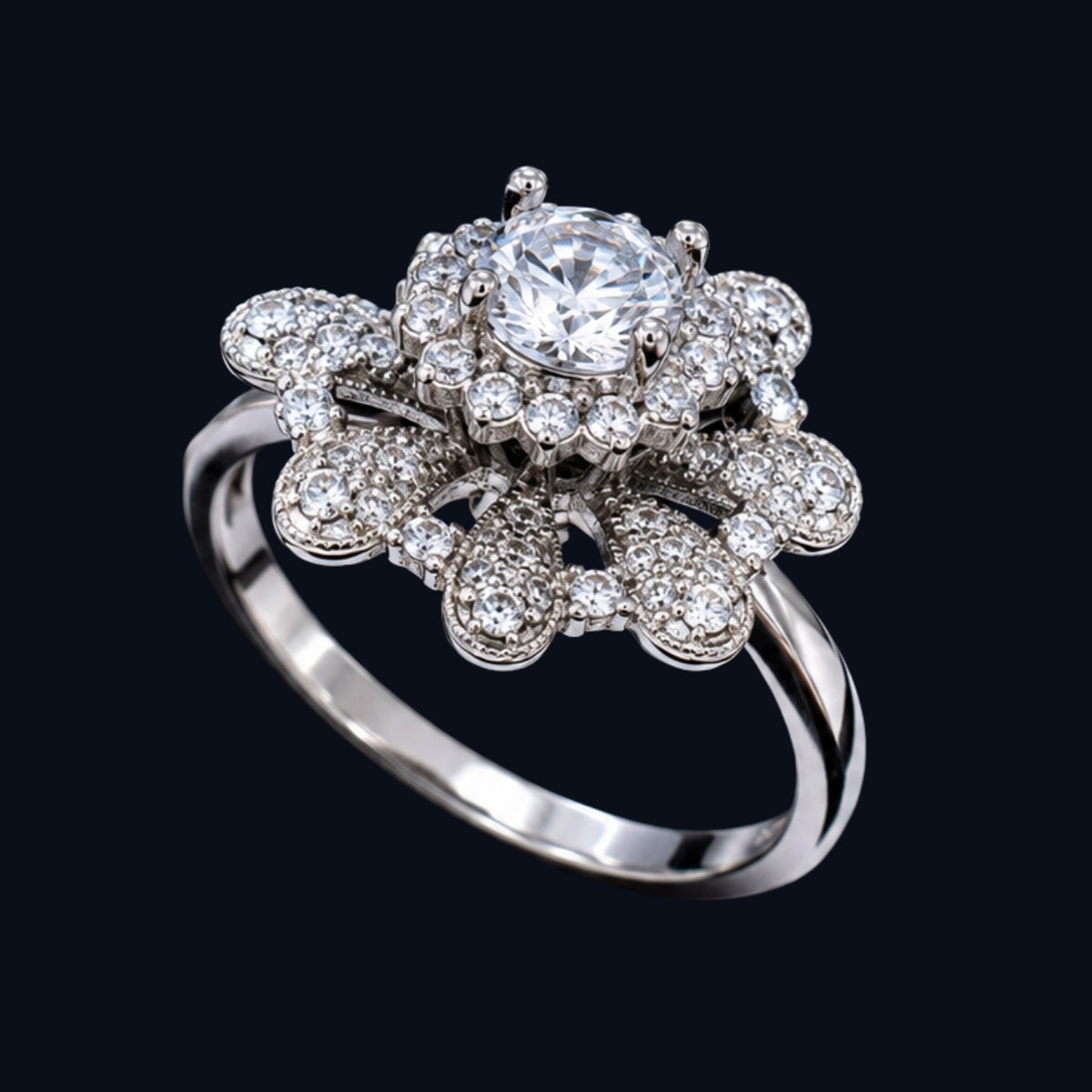 Silver CZ Ring with Floral Design