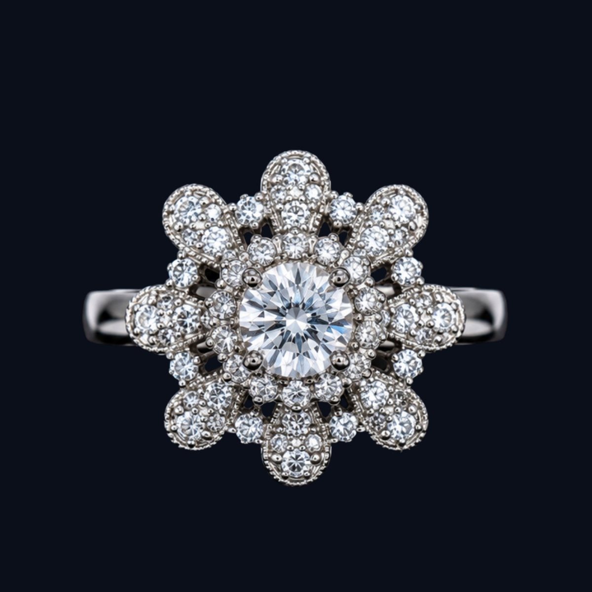 Silver CZ Ring with Floral Design