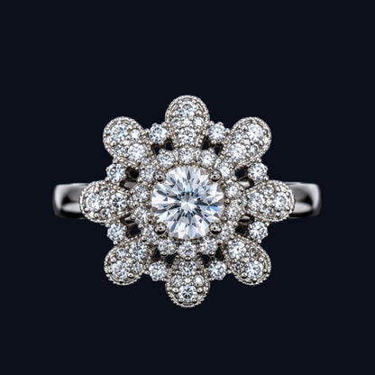 Silver CZ Ring with Floral Design