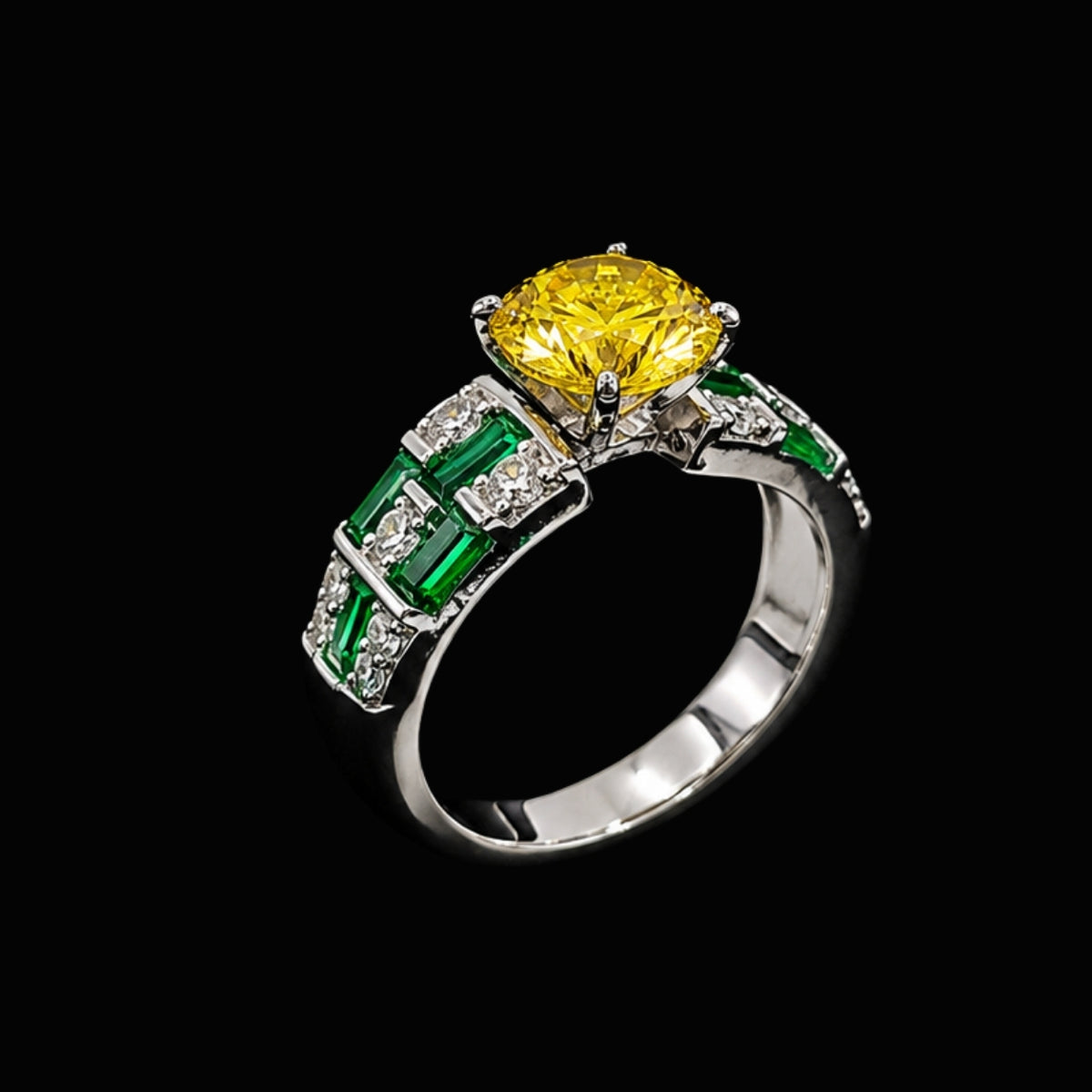 A silver tone ring with a yellow CZ stone and green gemstones.