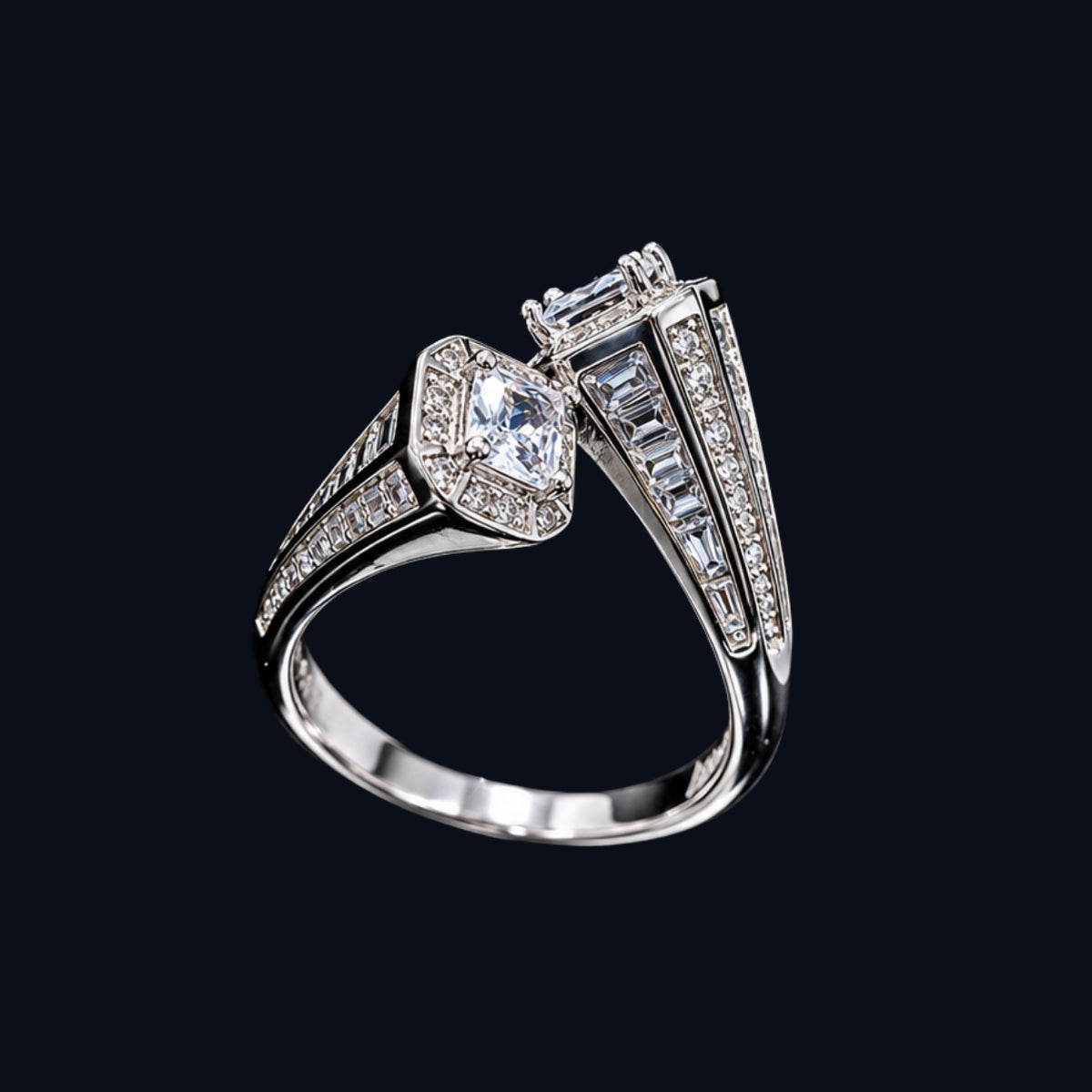 A silver-tone ring with a central CZ stone and geometric design