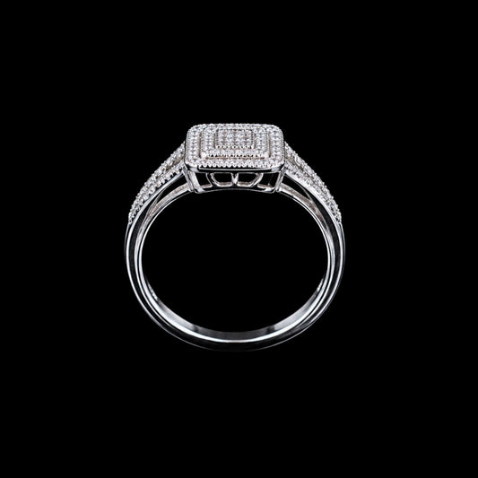 A silver ring with a square design and CZ stones