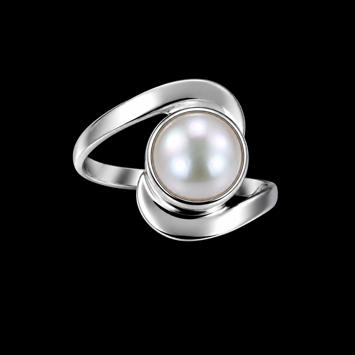 A silver ring with a pearl in the center, set against a plain background.