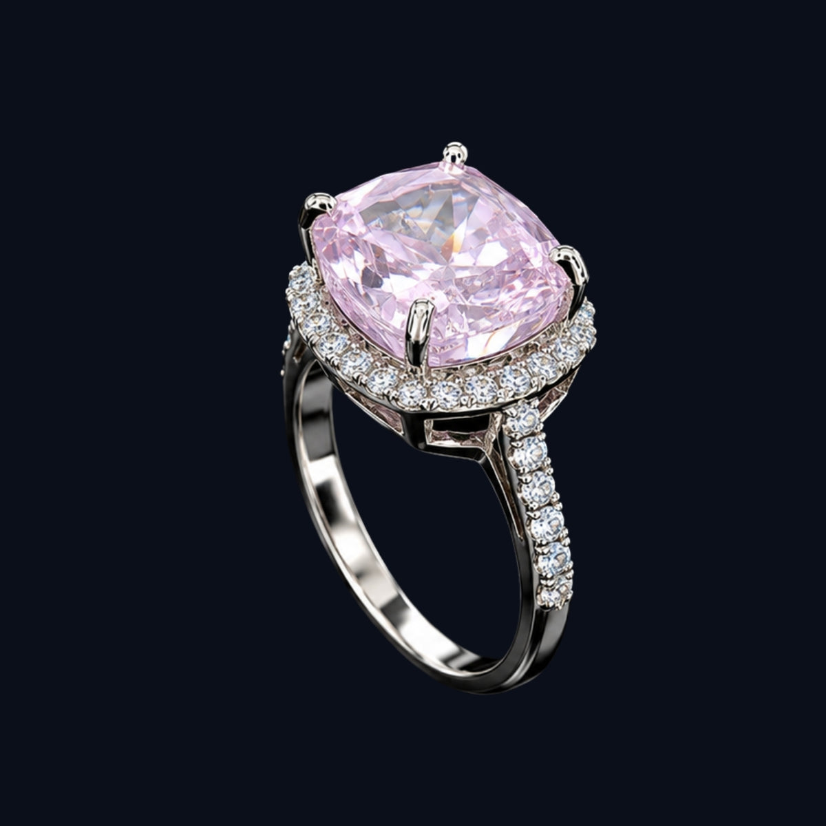 A silver-tone ring with a large pink CZ stone and smaller clear stones around it.