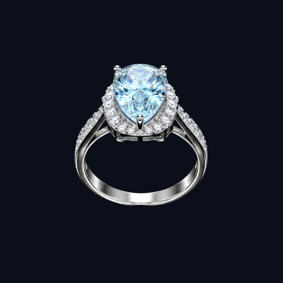 A silver ring with a large, light blue gemstone and smaller clear gemstones.