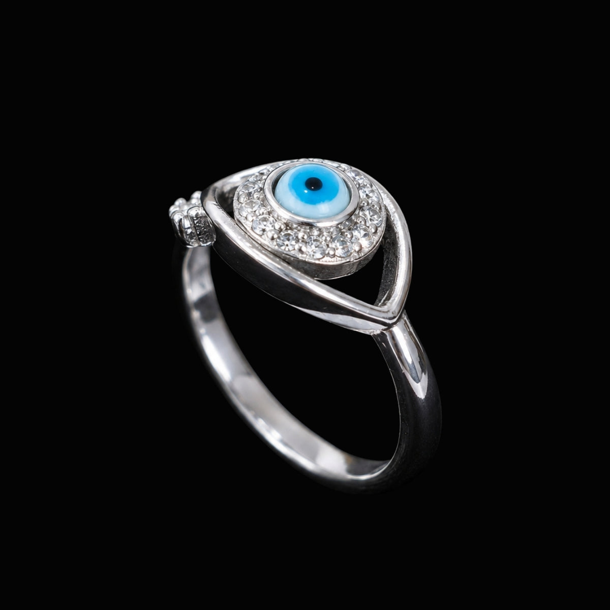 silver-tone ring with blue and black enamel eye motif and clear CZ stones