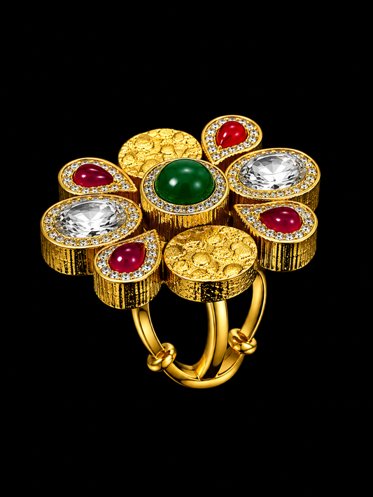 A gold-tone ring with a green center stone and red and white CZ stones.