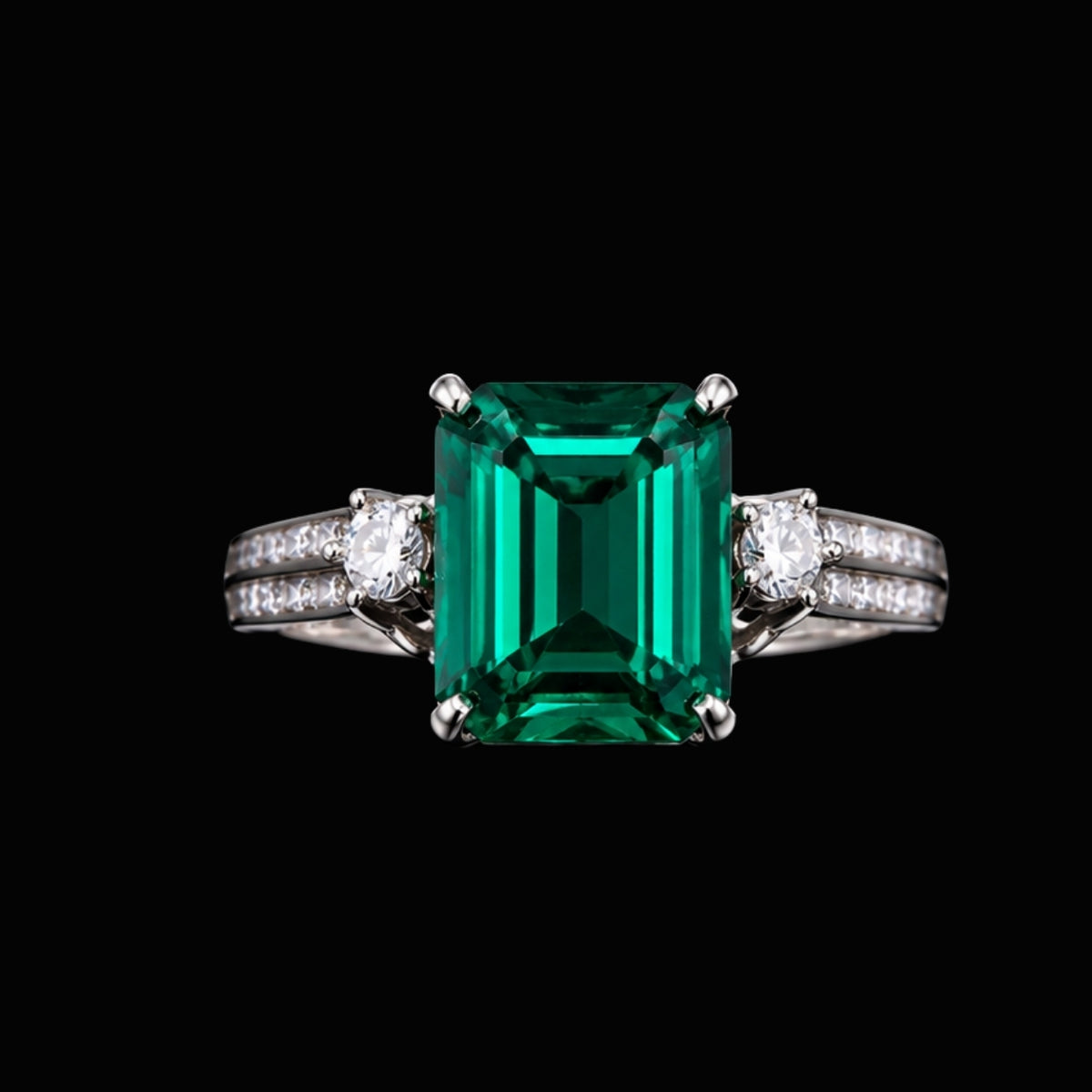 A silver ring with an emerald-cut green CZ stone, set in a modern design.