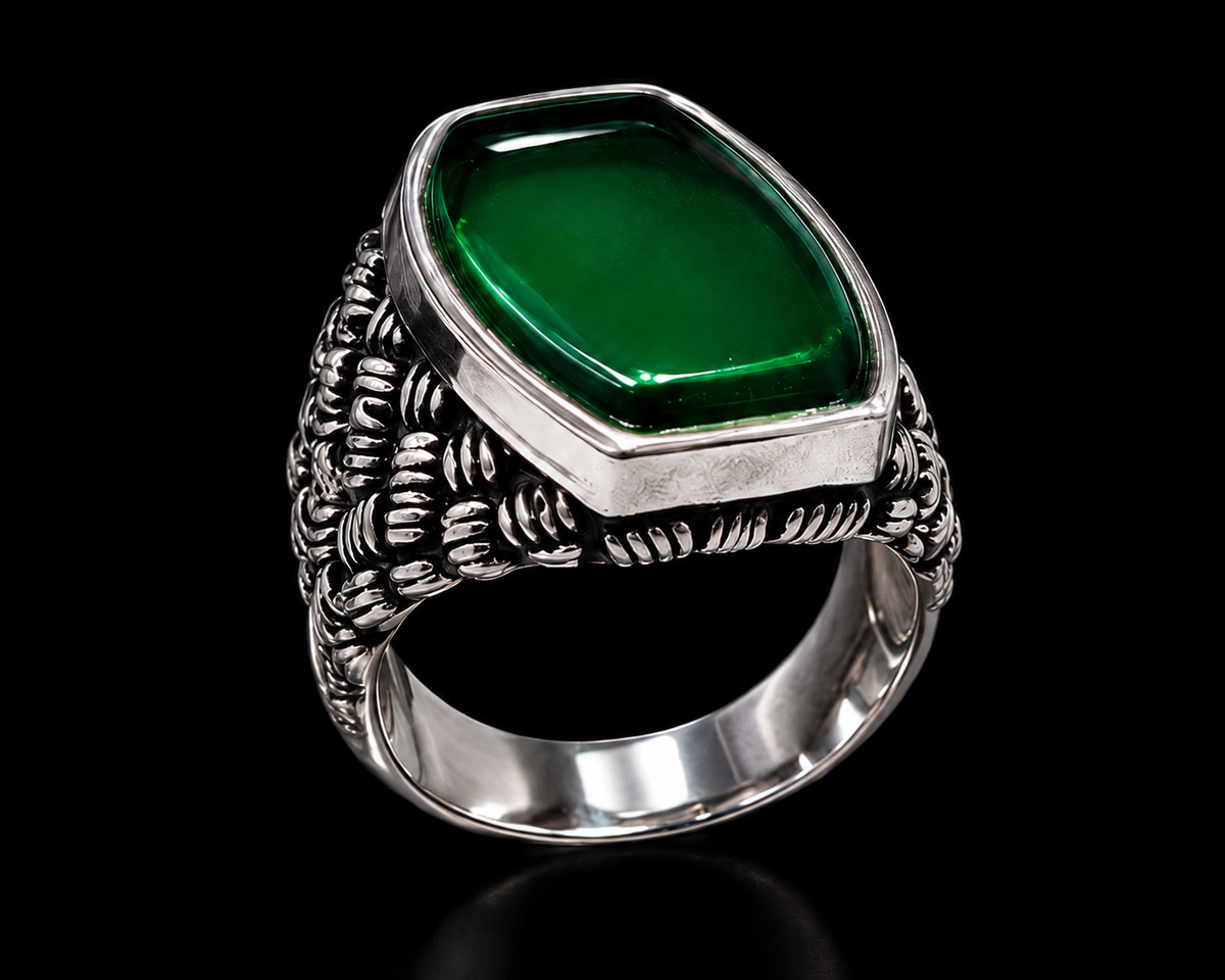 A silver ring with a large green gemstone on a black background.