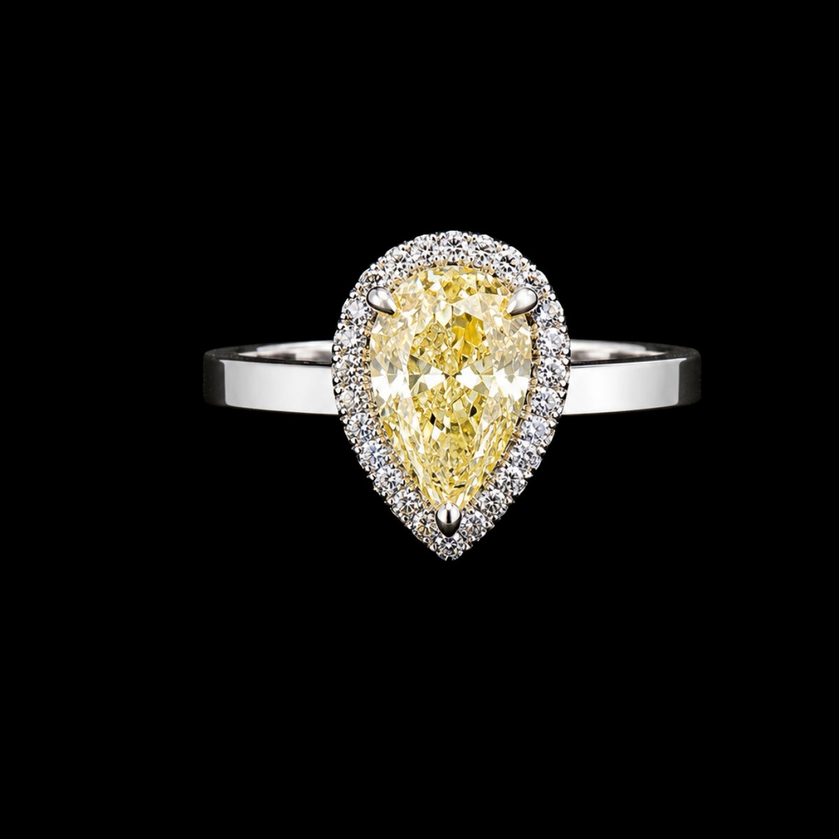 A silver ring with a large yellow CZ stone surrounded by smaller clear CZ stones.