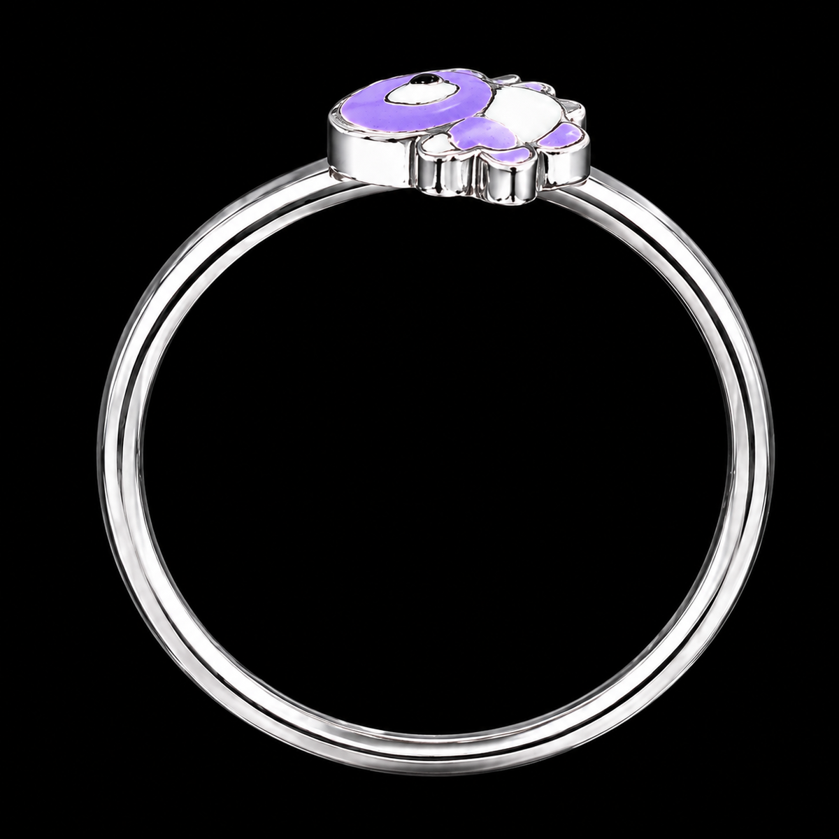 A silver ring with a purple and white enamel flower design.