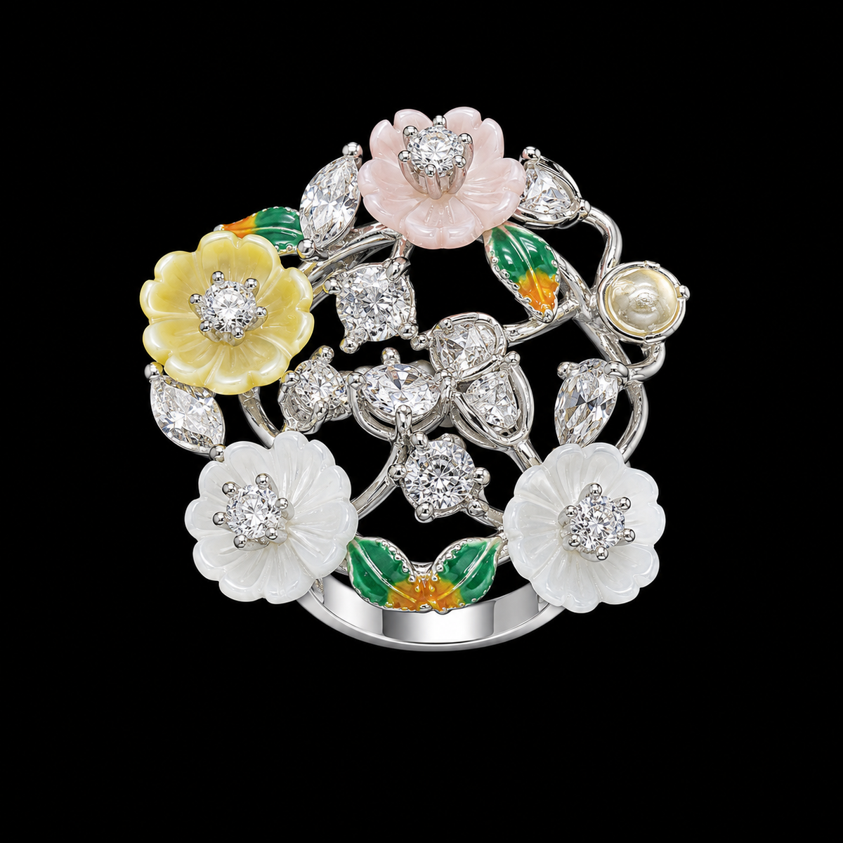 A silver ring with a floral design featuring CZ stones and enamel work.