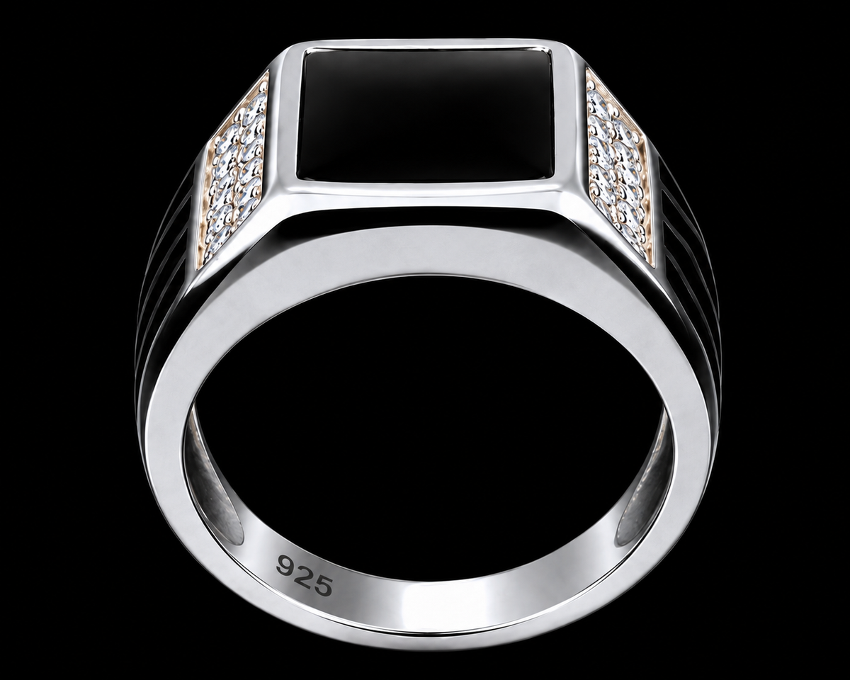 A silver ring with a square black stone and CZ stones on the sides.