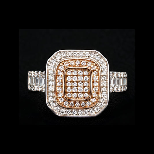 A square-shaped ring with a gold-tone and silver-tone design, featuring clear cubic zirconia stones.