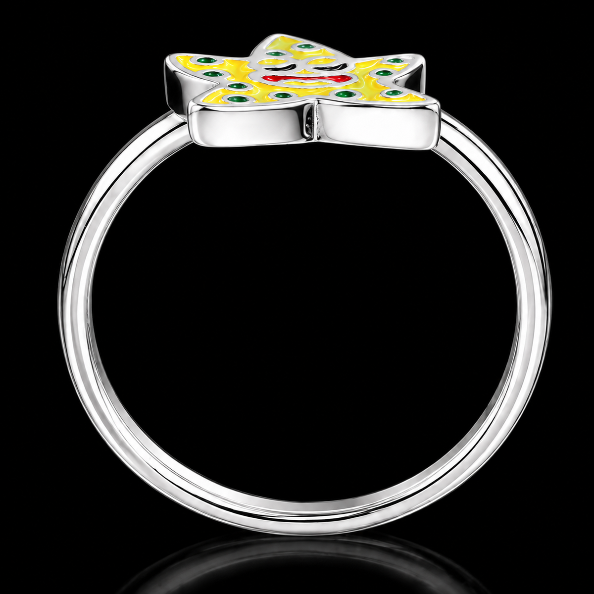 A silver ring with a star-shaped design and vibrant enamel work, featuring CZ stones.