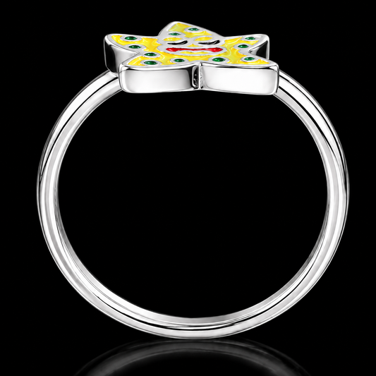 A silver ring with a star-shaped design and vibrant enamel work, featuring CZ stones.