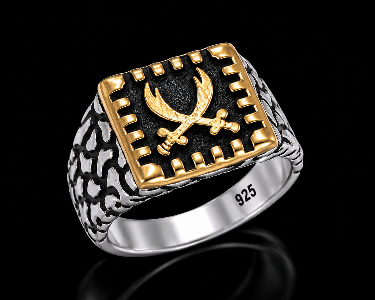 A square-shaped ring with a sword and moon design, perfect for adding a touch of elegance to any outfit.