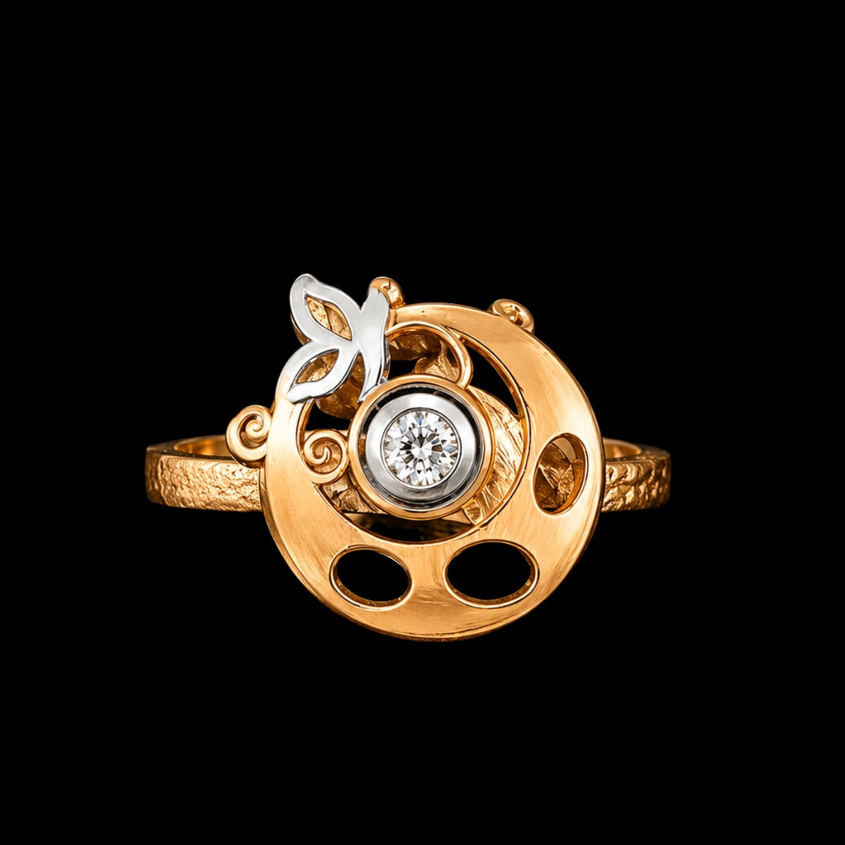 A gold ring with a central CZ stone and intricate enamel details.