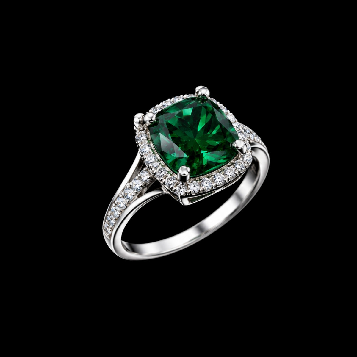 A silver ring with an emerald stone and CZ stones on a black background