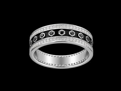 A silver ring with a row of clear cubic zirconia stones and a black enamel band with a geometric pattern of clear cubic zirconia stones.