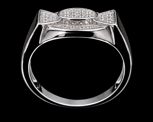 A silver ring with an oval design and CZ stones.
