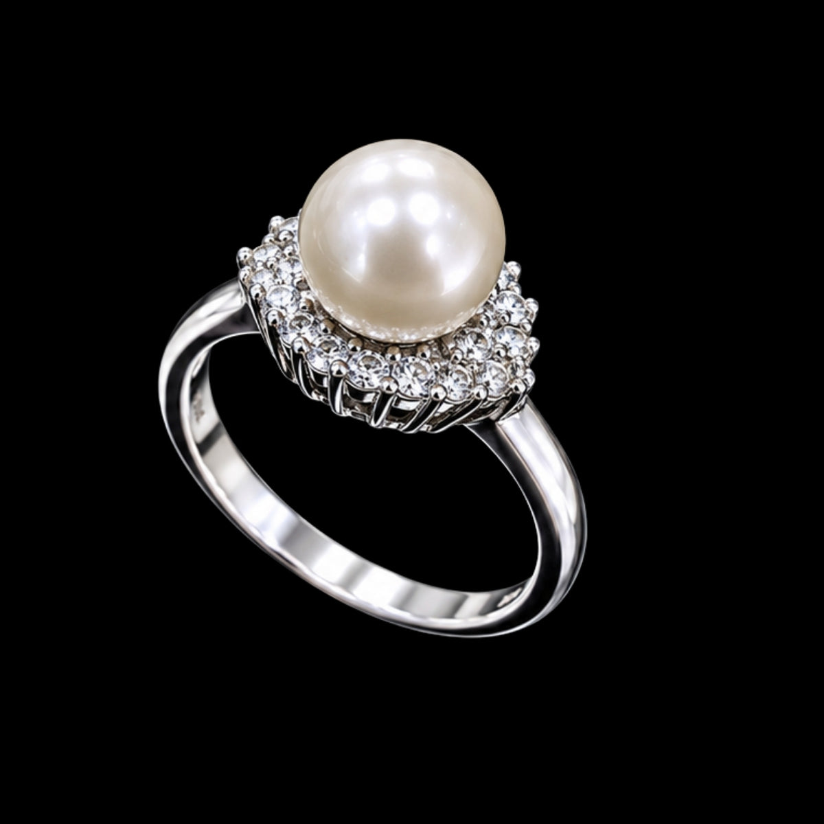 A pearl ring with CZ stones on a silver-tone band.