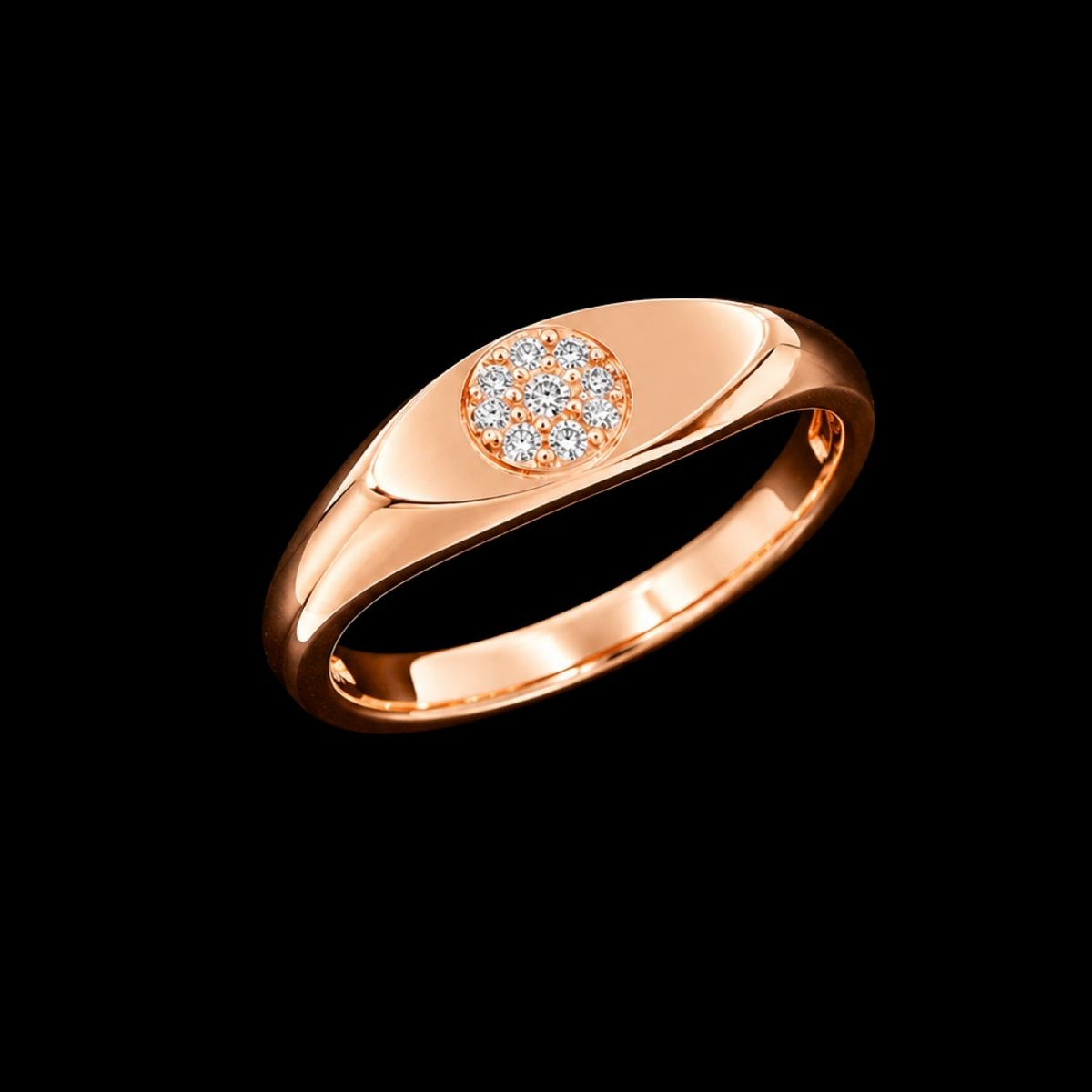 A rose gold ring with a central cluster of clear cubic zirconia stones.