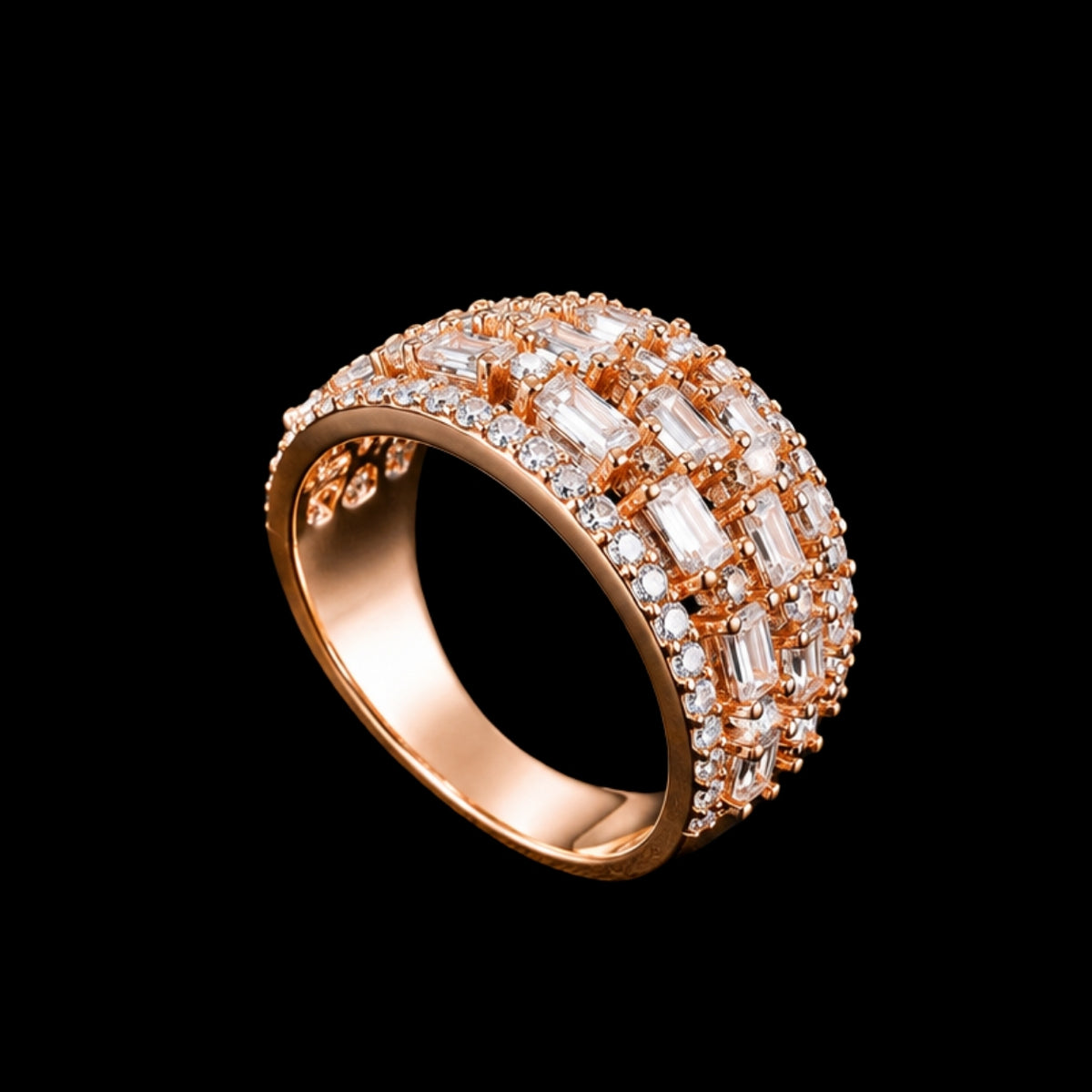 A rose gold ring with clear cubic zirconia stones
