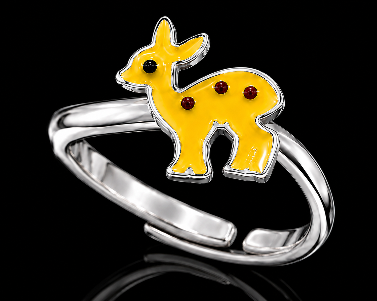 A silver-tone ring with a yellow enamel fawn motif and red CZ stones.