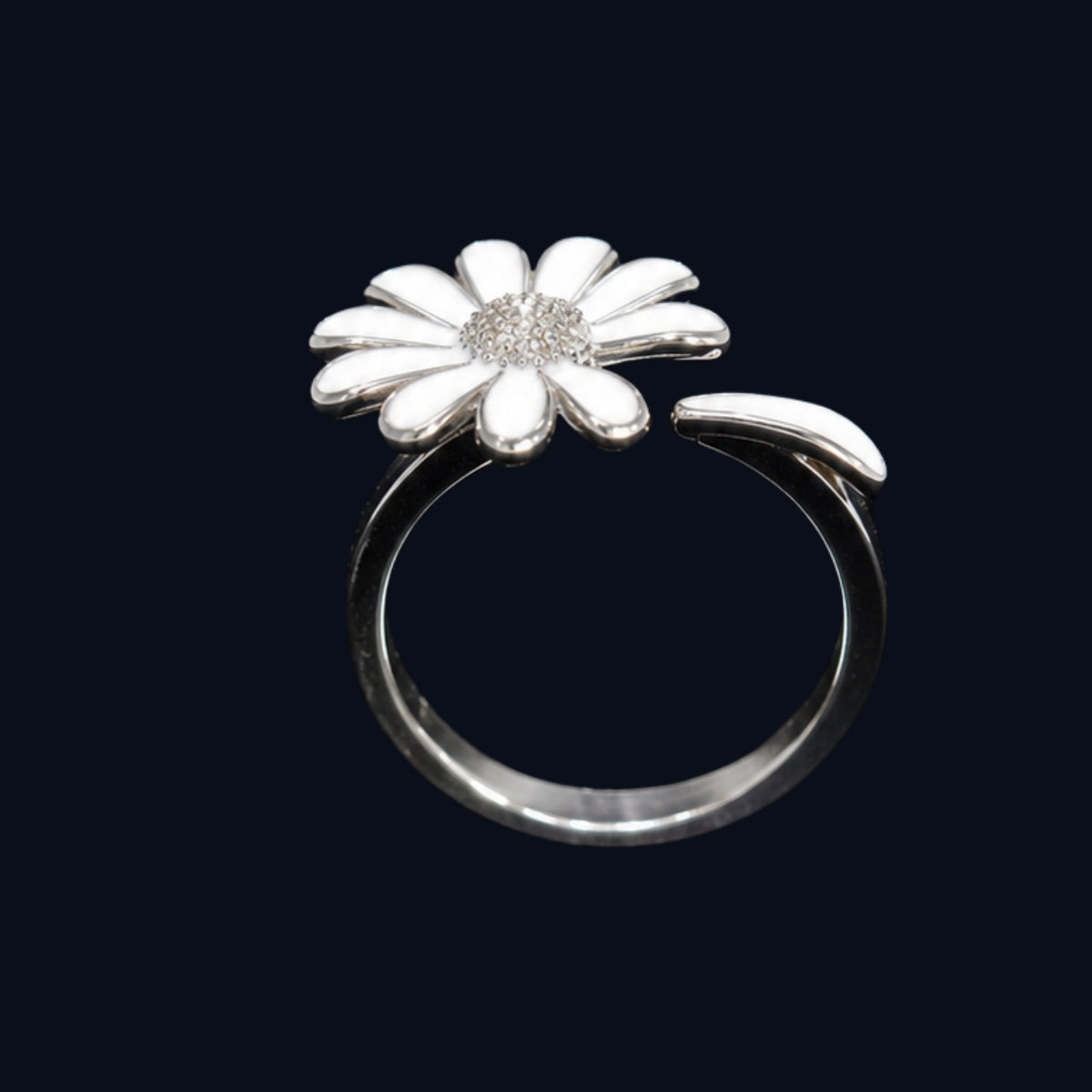 A silver ring with a flower design and CZ stones.