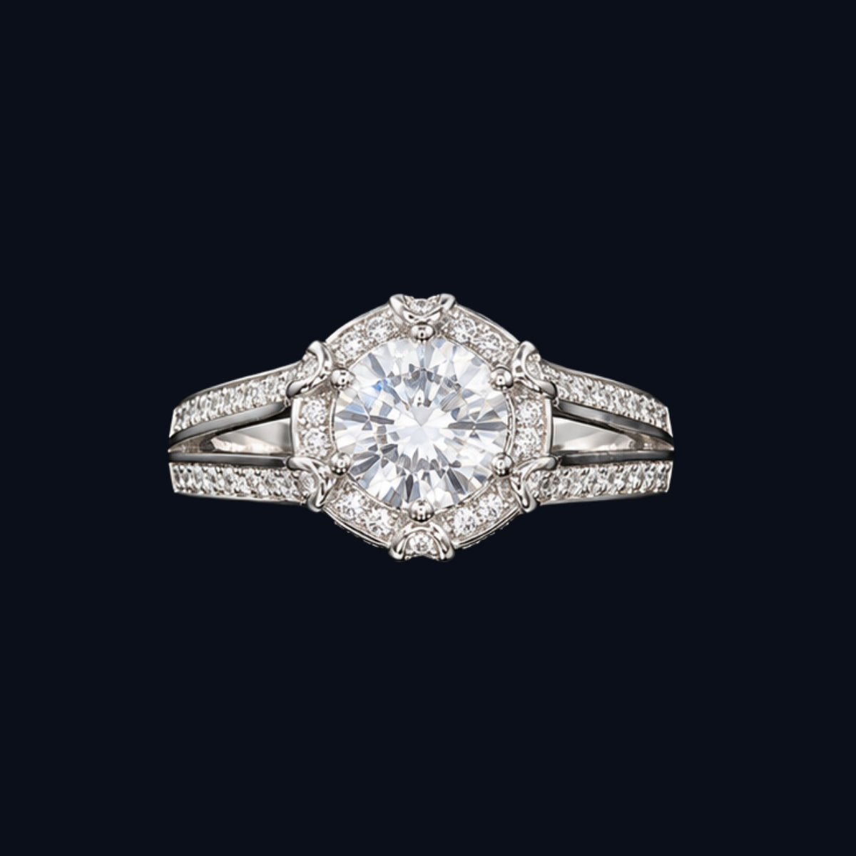A silver ring with a round-cut clear CZ stone at its center, surrounded by smaller CZ stones in a delicate filigree design.