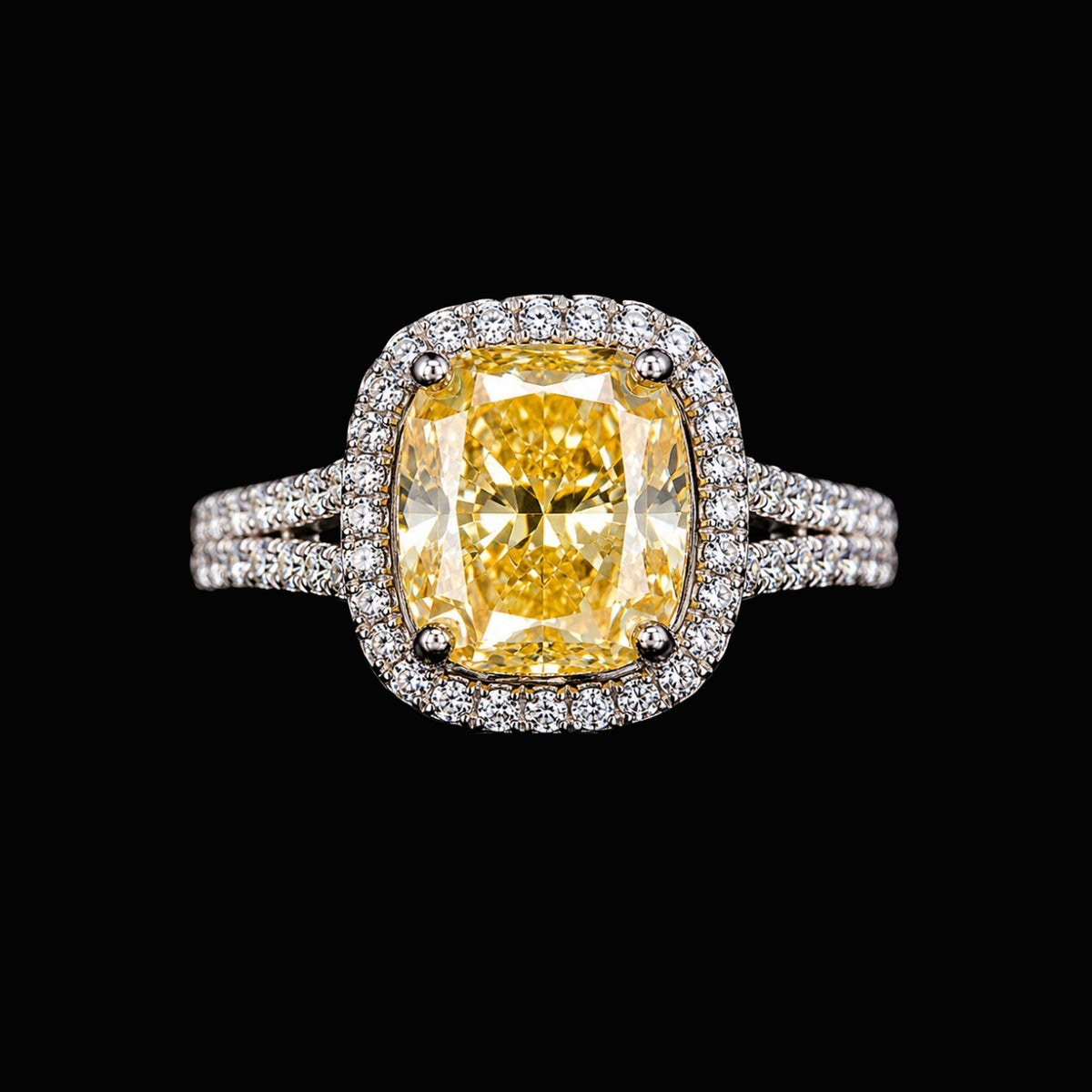 A silver ring with a yellow CZ stone and a halo of smaller CZ stones.