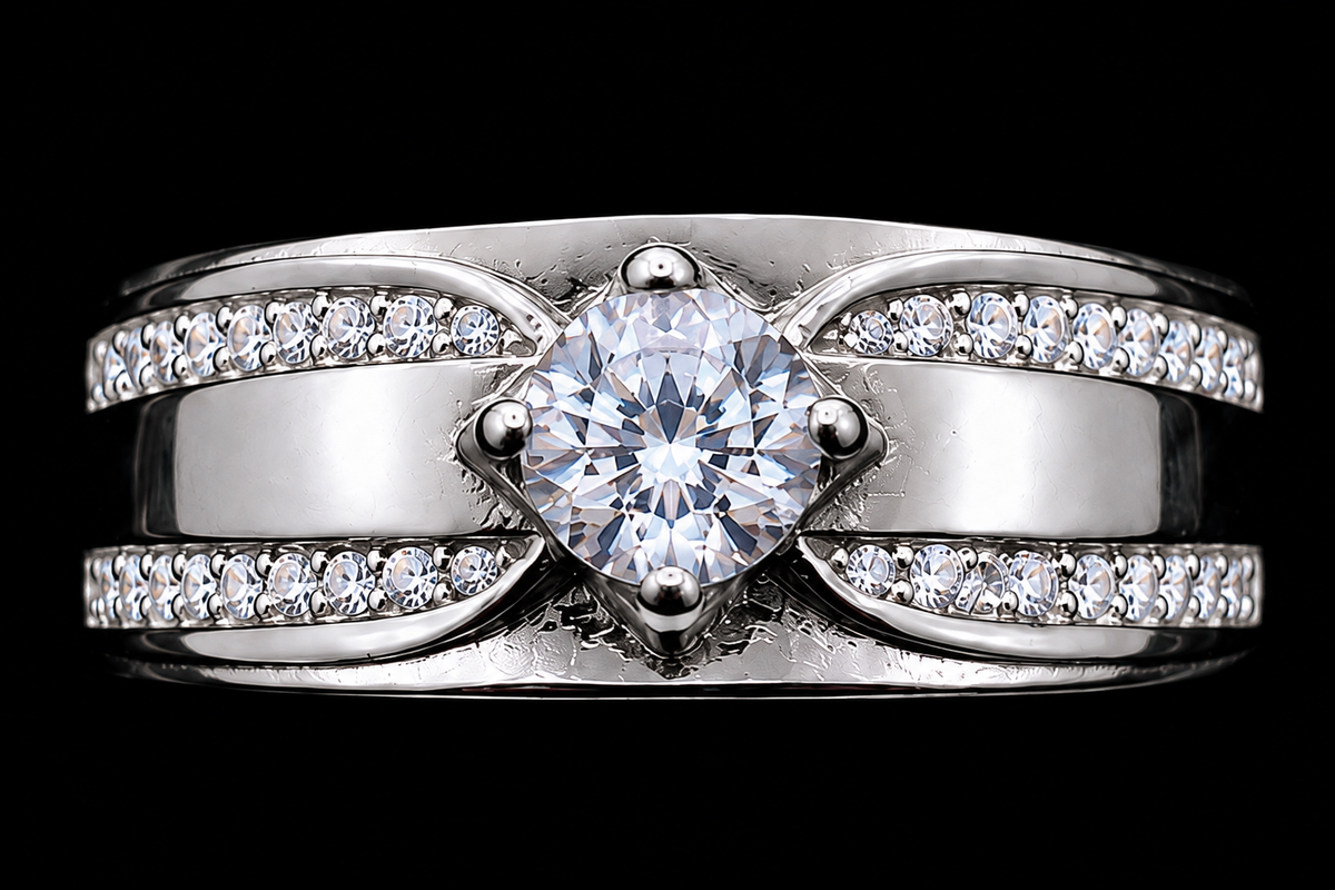 A silver ring with a large round-cut clear cubic zirconia stone in the center, surrounded by smaller stones on either side.
