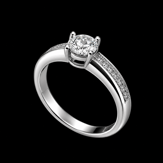 A silver ring with a round-cut CZ stone, set in a classic solitaire design.