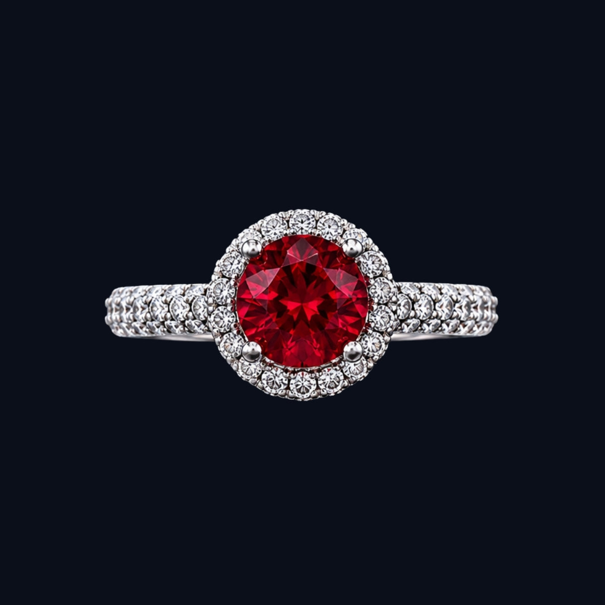 A silver ring with a ruby at its center, surrounded by a halo of sparkling CZ stones.