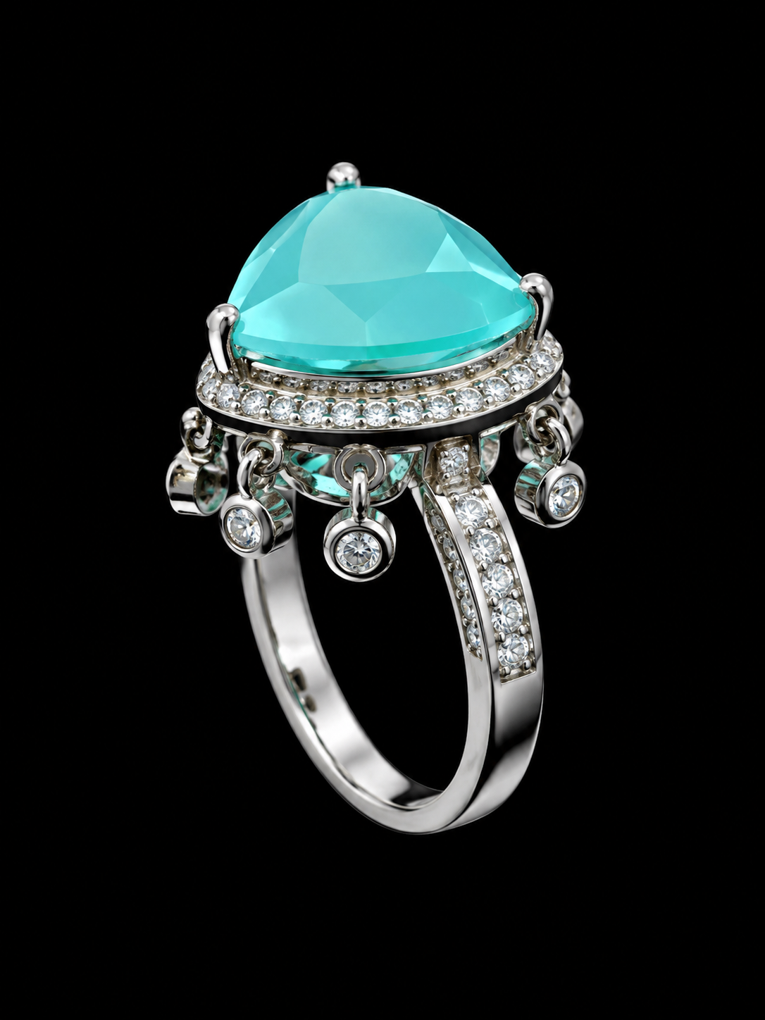 A silver ring with a large blue gemstone and smaller clear gemstones.