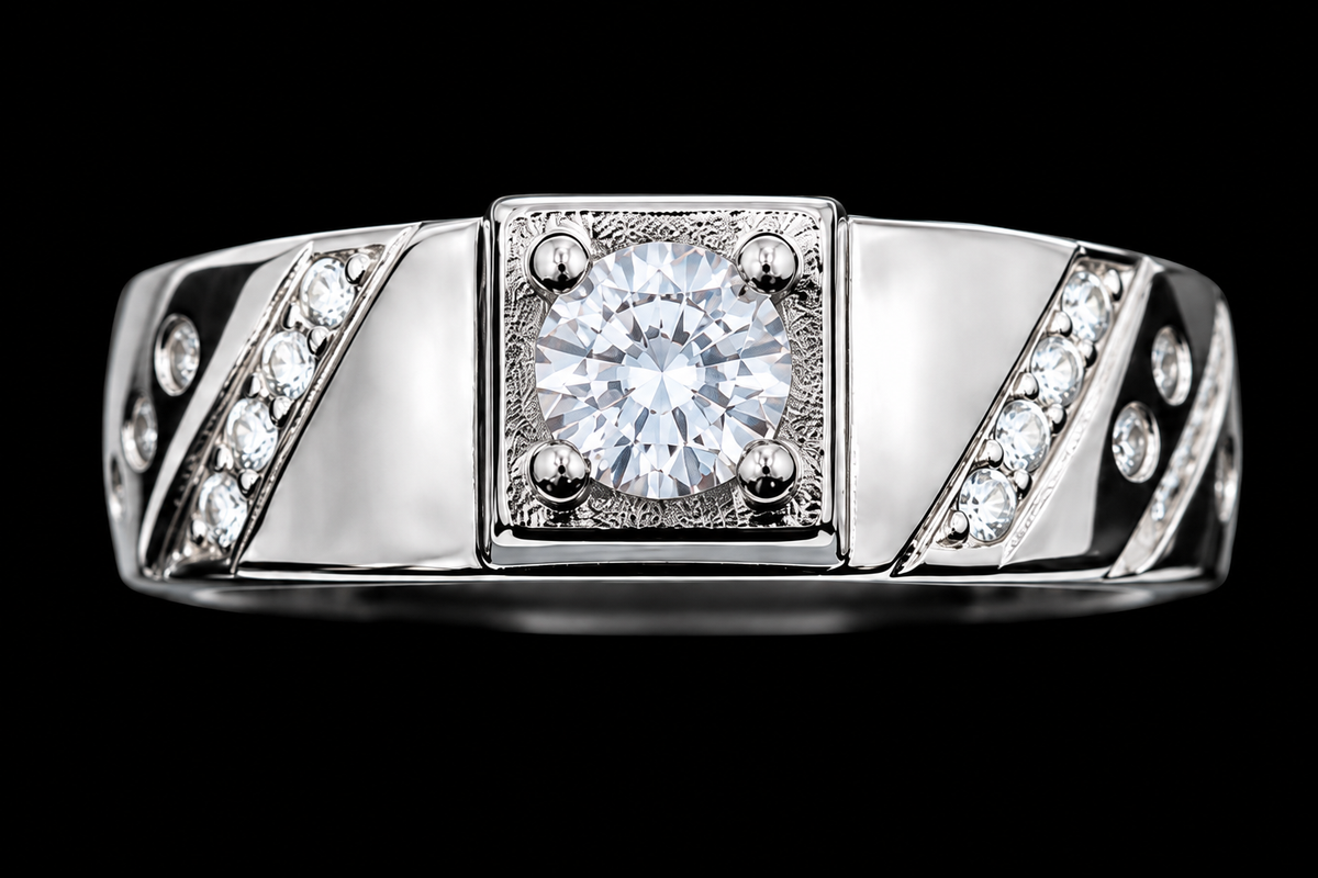 A silver ring with a square setting and clear cubic zirconia stone.