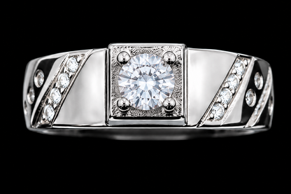 A silver ring with a square setting and clear cubic zirconia stone.