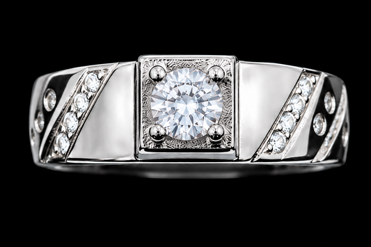A silver ring with a square setting and clear cubic zirconia stone.