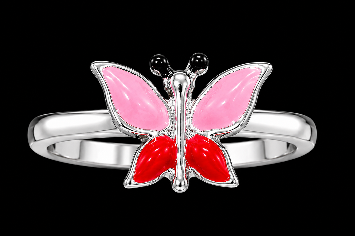 A silver ring with a butterfly motif and pink and red enamel details.