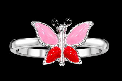 A silver ring with a butterfly motif and pink and red enamel details.